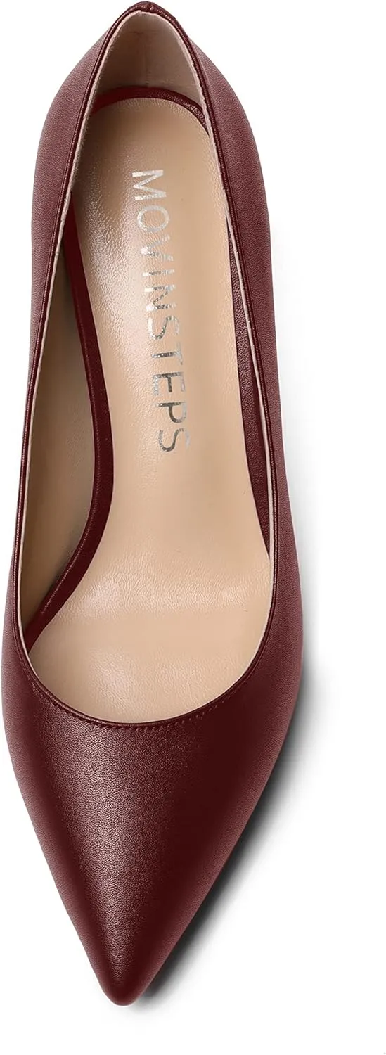 MOVINSTEPS Womens Dress Matte Slip On Office Solid Pointed Toe Spool Mid Heel Pumps Shoes 2.5 Inch