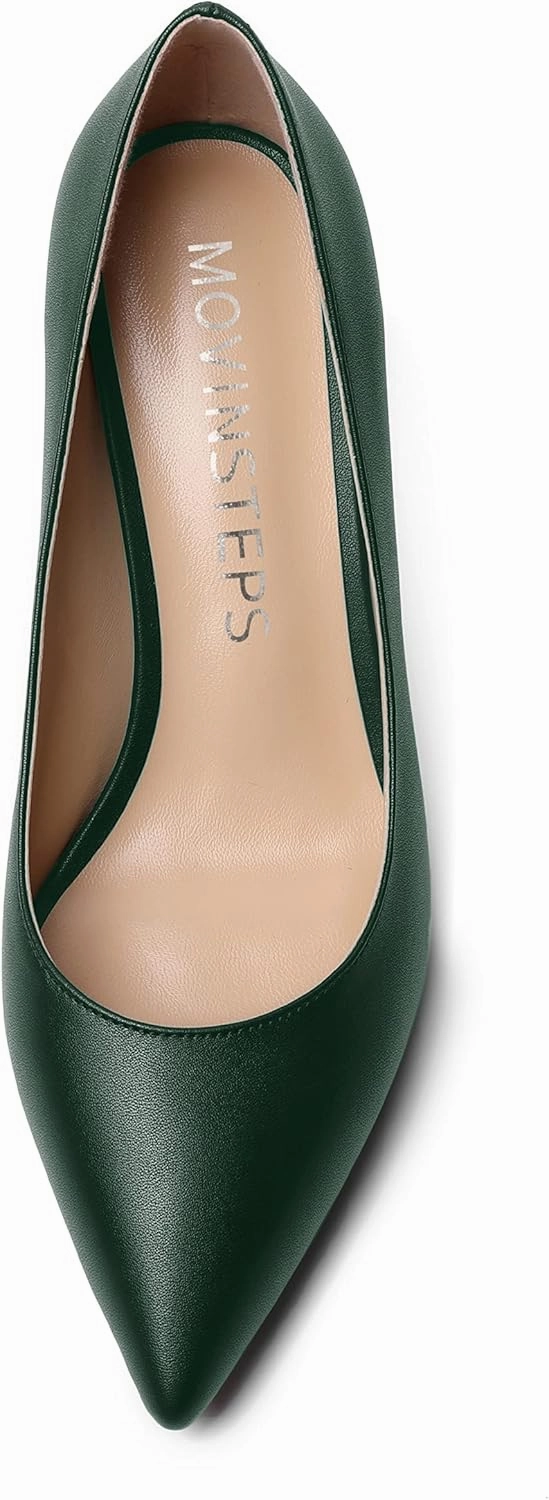 MOVINSTEPS Womens Dress Matte Slip On Office Solid Pointed Toe Spool Mid Heel Pumps Shoes 2.5 Inch
