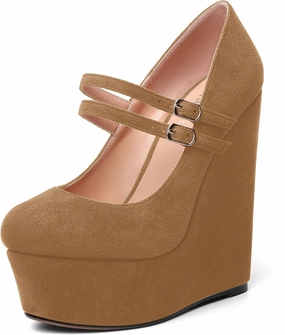 MOVINSTEPS Womens Suede Buckle Party Round Toe Adjustable Dual Straps Mary Jane Platform Dress Wedge High Heel Pumps Shoes 6 Inch