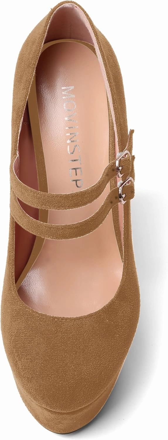 MOVINSTEPS Womens Suede Buckle Party Round Toe Adjustable Dual Straps Mary Jane Platform Dress Wedge High Heel Pumps Shoes 6 Inch