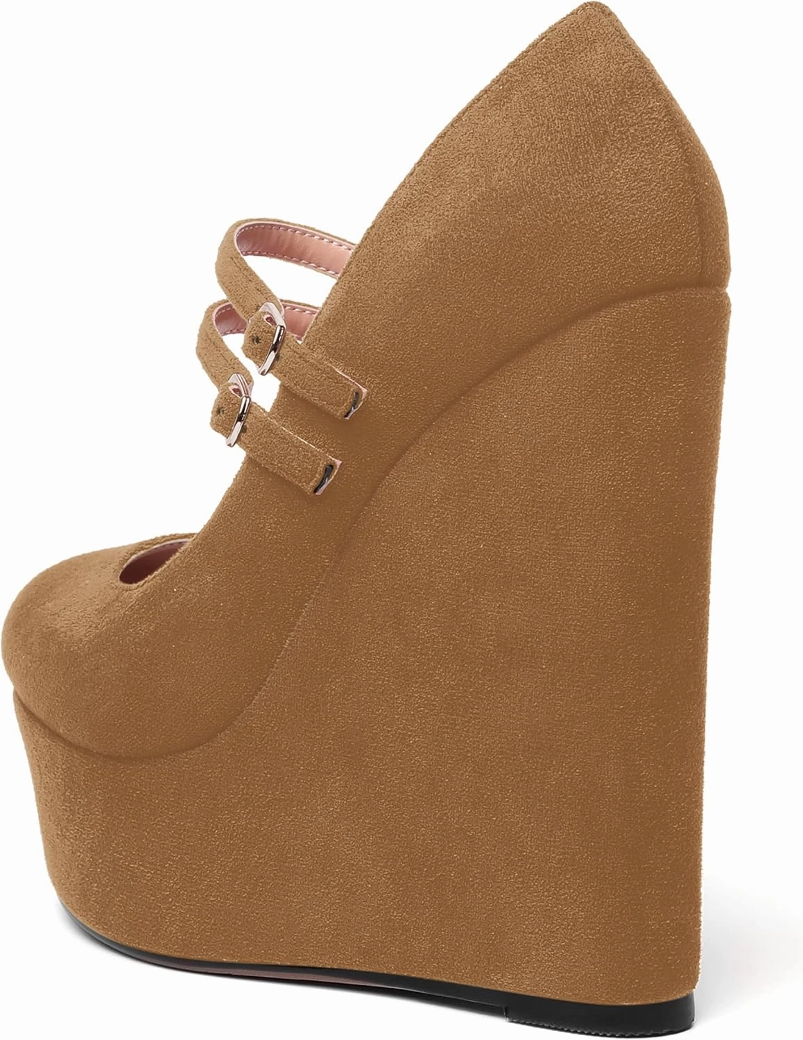 MOVINSTEPS Womens Suede Buckle Party Round Toe Adjustable Dual Straps Mary Jane Platform Dress Wedge High Heel Pumps Shoes 6 Inch