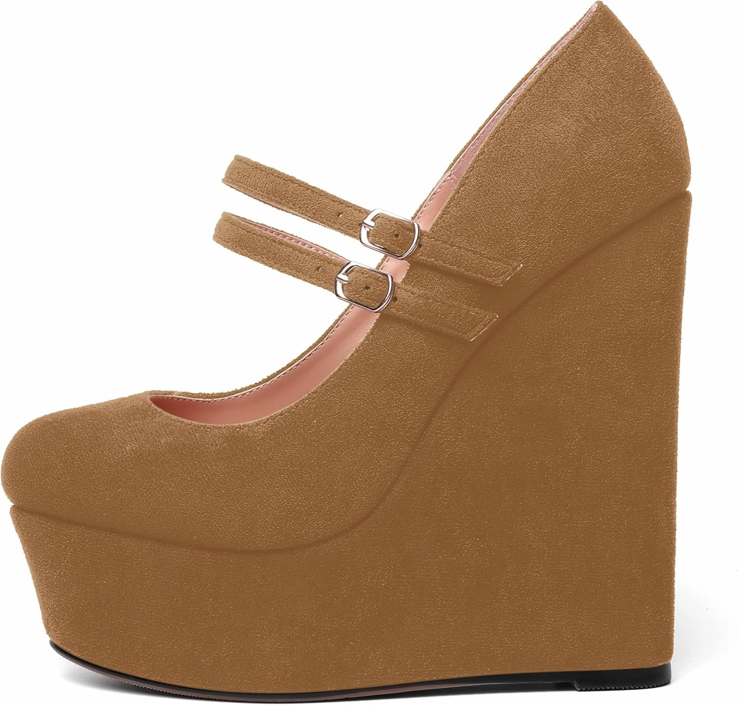 MOVINSTEPS Womens Suede Buckle Party Round Toe Adjustable Dual Straps Mary Jane Platform Dress Wedge High Heel Pumps Shoes 6 Inch