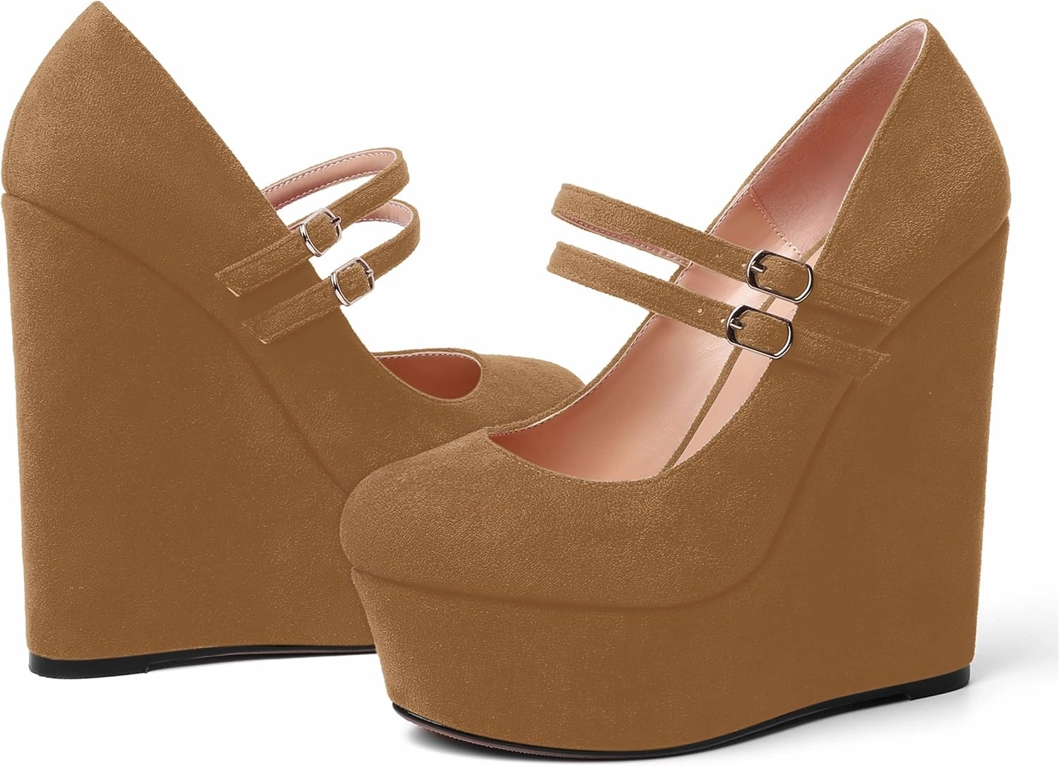 MOVINSTEPS Womens Suede Buckle Party Round Toe Adjustable Dual Straps Mary Jane Platform Dress Wedge High Heel Pumps Shoes 6 Inch