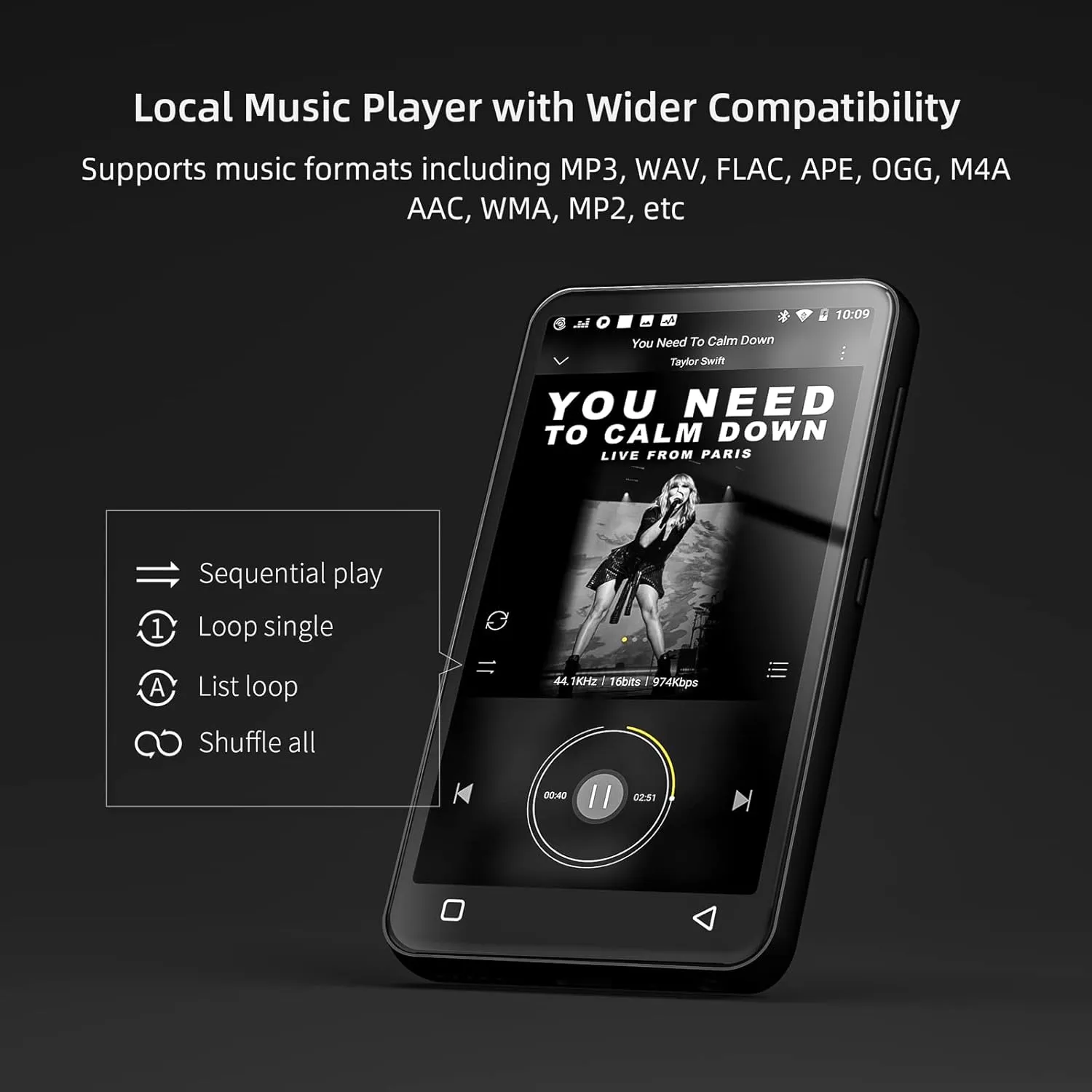 MP3 Player with Bluetooth and WiFi,MP3 Player with Spotify,Spotify Kids,Audible,Pandora,Amazon Music,4" Music Player MP4 Up to 1TB(80GB,Black)