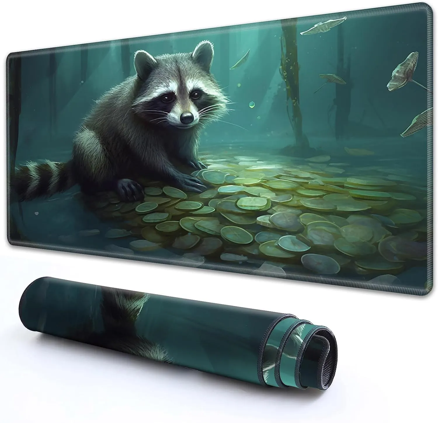 MTG Playmat 24" x 14" with High Elastic Rubber Base Non-Slip Rubber Sole HD Printing for MTG Mat, Magic Mat, Card Playmat, Gaming Mouse Pad, A Raccoon Gold Coin