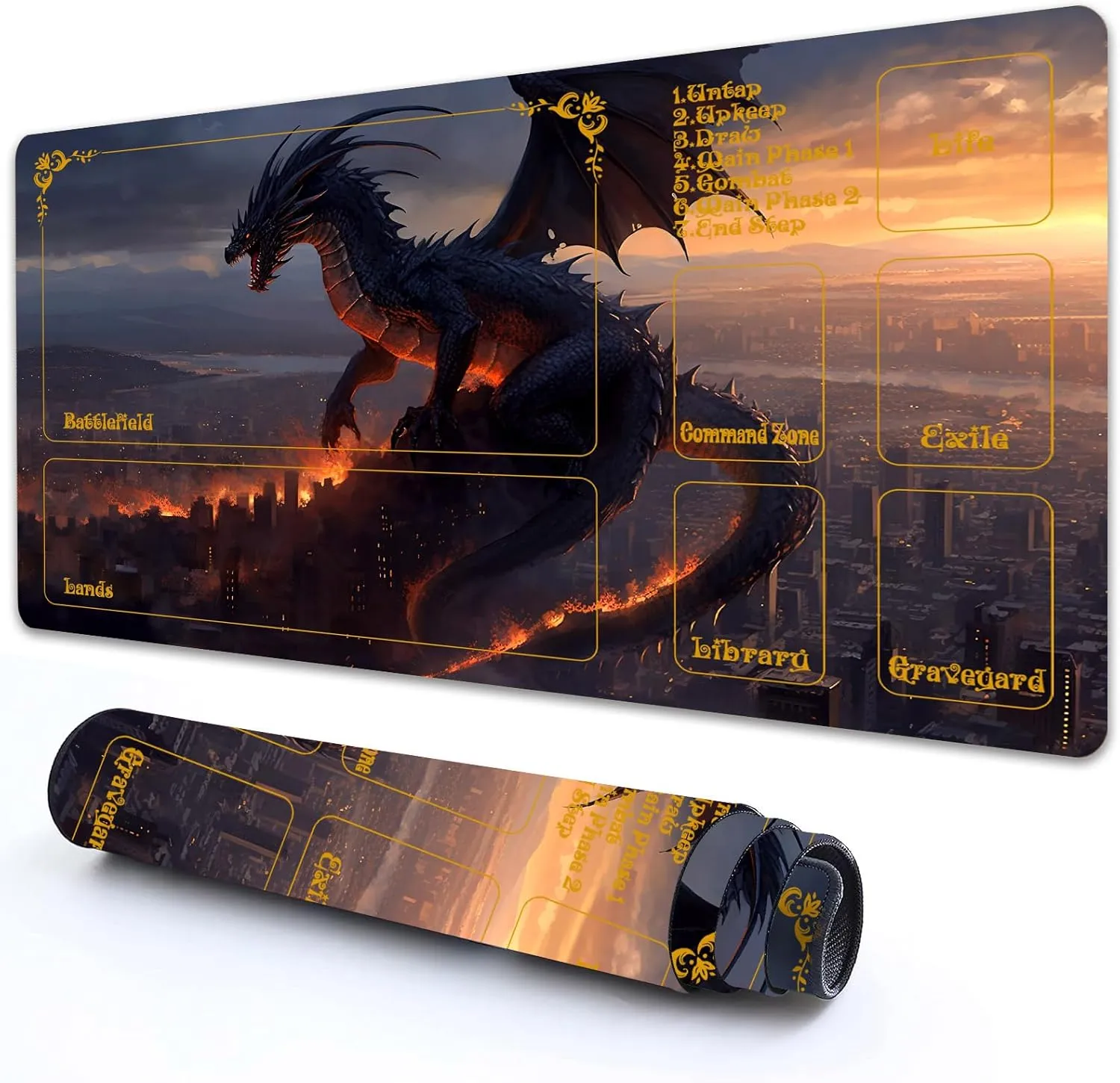 MTG Playmat With Zones 24" x 14" - High Elastic Rubber Base, Non-Slip Sole, HD Printing for Magic Card Mat, Mouse Pad - Dragons Over The City