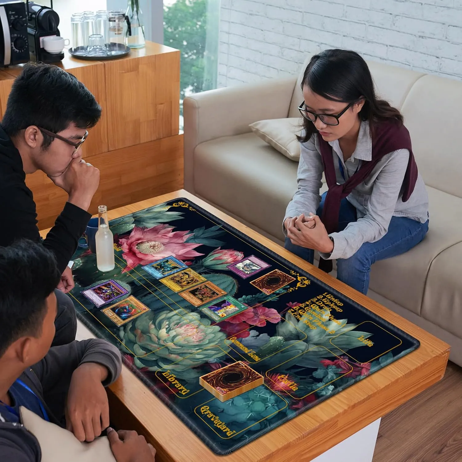 MTG Playmat With Zones 24" x 14" - High Elastic Rubber Base, Non-Slip Sole, HD Printing for Magic Card Mat, Mouse Pad - Green Cactus