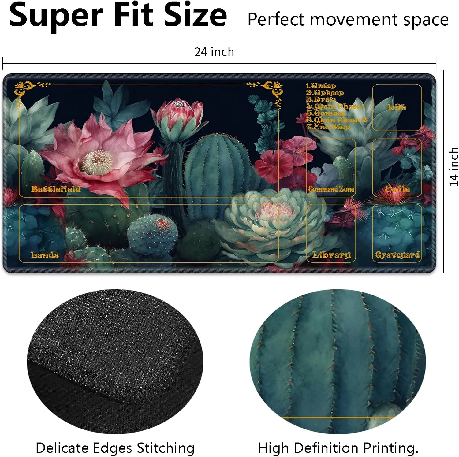 MTG Playmat With Zones 24" x 14" - High Elastic Rubber Base, Non-Slip Sole, HD Printing for Magic Card Mat, Mouse Pad - Green Cactus