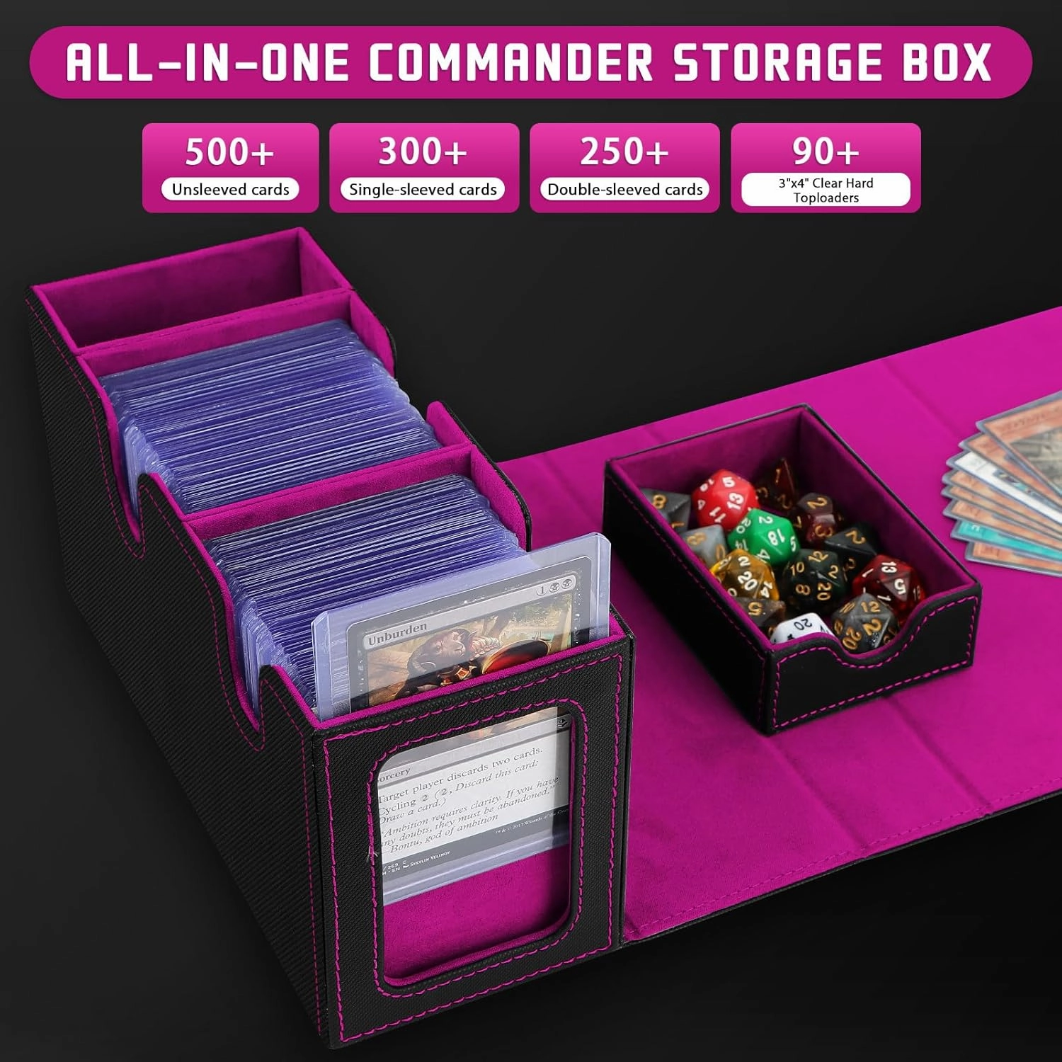 MTG Deck Box with Commander Display,Holds 300  Single-Sleeved Cards,Double Deck Case for TCG/CCG,Fits 90  Top Loader Sleeves,Includes Dice Tray,5 Dividers & 1 Hard Sleeve