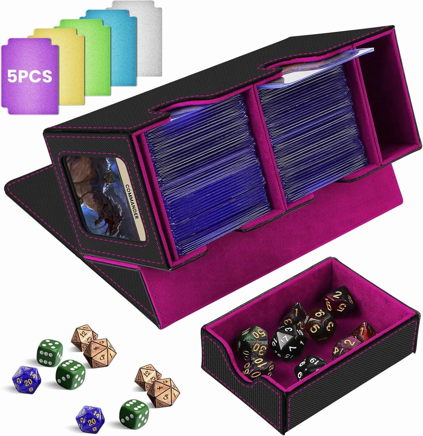 MTG Deck Box with Commander Display,Holds 300  Single-Sleeved Cards,Double Deck Case for TCG/CCG,Fits 90  Top Loader Sleeves,Includes Dice Tray,5 Dividers & 1 Hard Sleeve