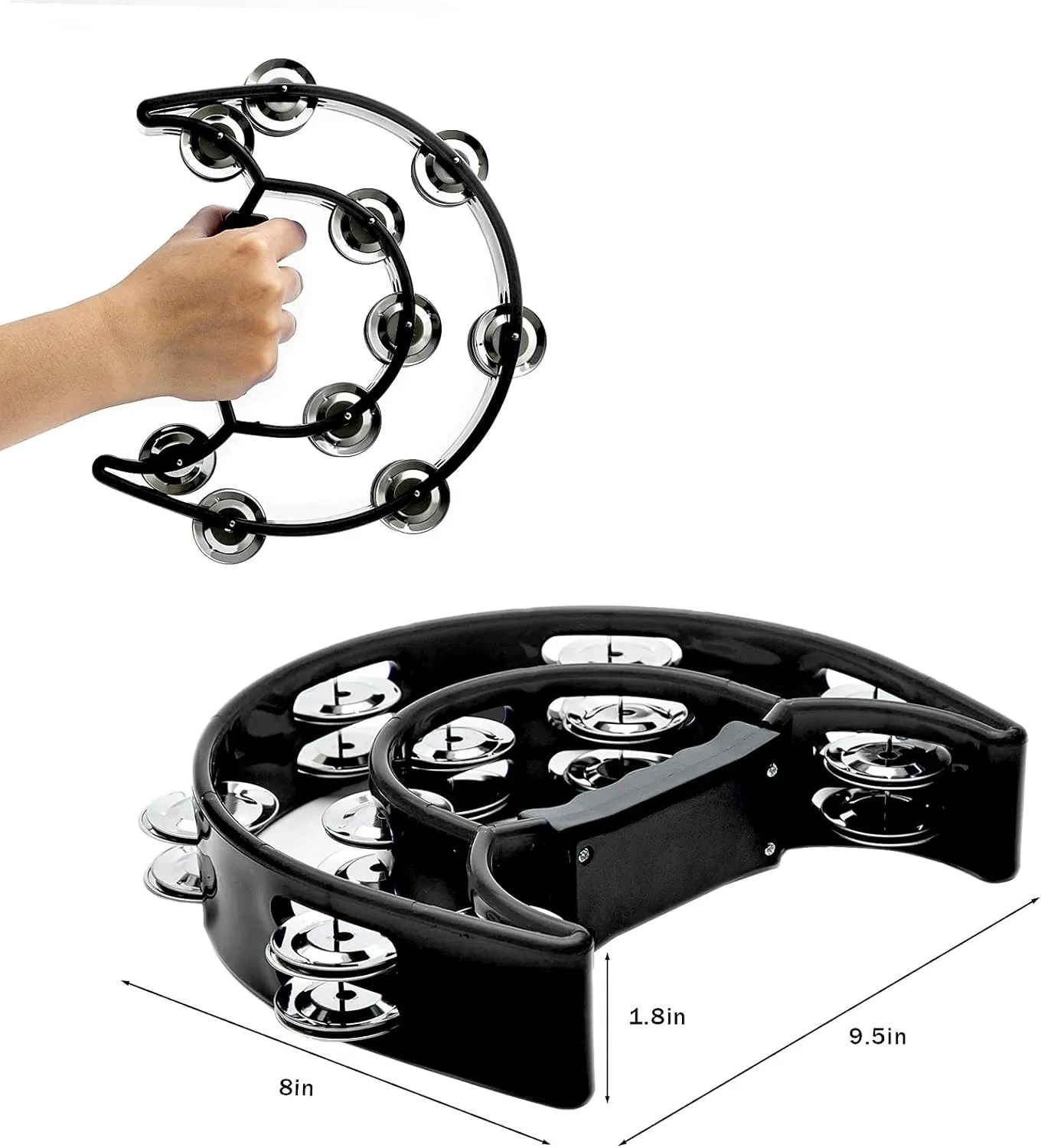 Musfunny Tambourine Double Row Metal Jingles Hand Held Percussion Half-Moon Tambourines Musical Instrument Gifts for Kids, Adults, Party - Black
