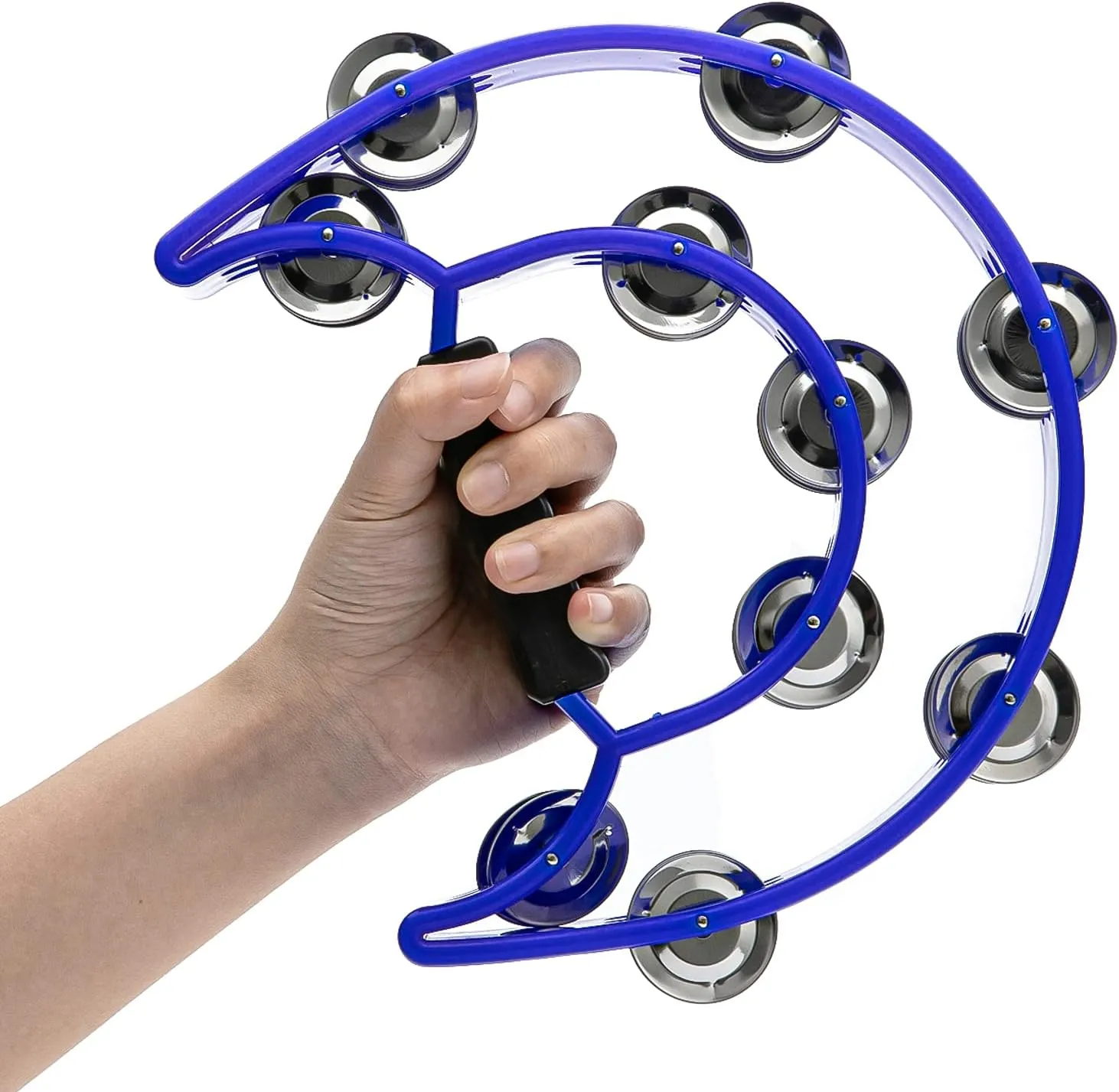 Musfunny Tambourine Double Row Metal Jingles Hand Held Percussion Tambourines Half-Moon Musical Instrument for Adults, Church, KTV, Party (Blue)