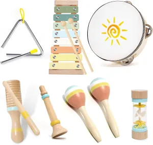 Musical Instruments for Toddlers 1-3, Wooden Montessori Musical Toys Set for Baby 1 Year Old with Boho Xylophone/Drum, Kids Preschool Educational Christmas Birthday Gifts for Girl Boy