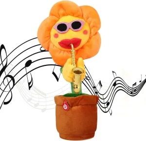 Musical Singing Dancing Repeating Talking Sunflower Soft Plush Funny Creative Saxophone Kids Toy(Yellow)