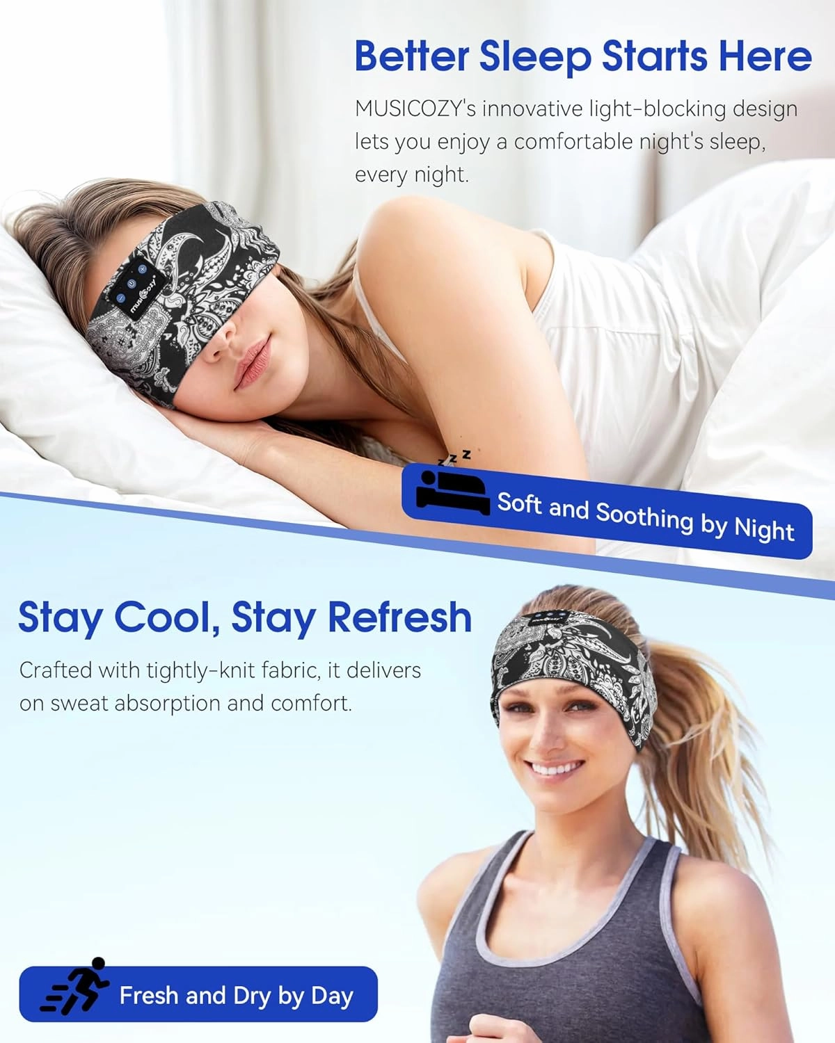 MUSICOZY Sleep Headphones Bluetooth Headband 5.4 Wireless Headband Headphones for Sleeping for Side Sleeper with Ultra-Thin HD Stero Speaker for Workout (Black & White)