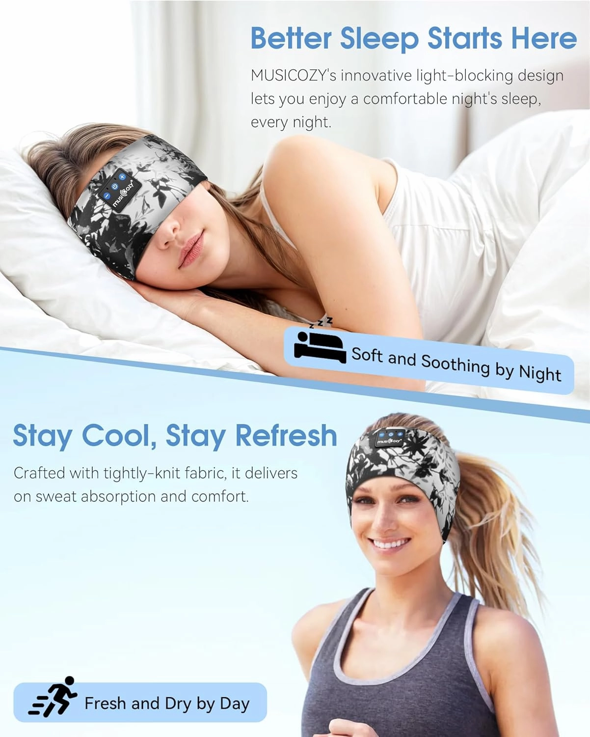 MUSICOZY Sleep Headphones Bluetooth Headband 5.4 Wireless Headband Headphones for Sleeping for Side Sleeper with Ultra-Thin HD Stero Speaker for Workout (Ink Black)