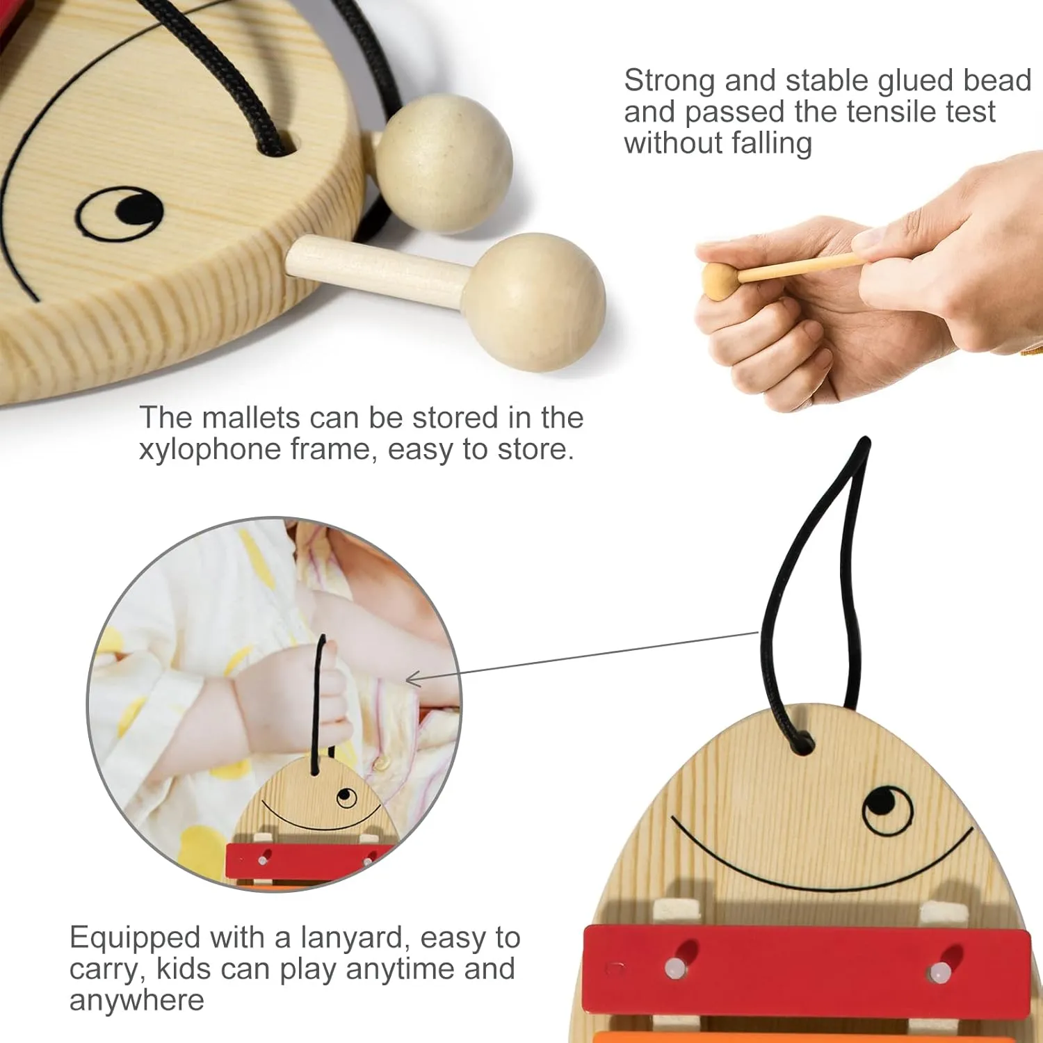 MUSICUBE Xylophone for Baby Toddler Fish Shape Wooden Xylophone with 2 Mallets Educational & Preschool Learning Percussion Instrument Professional Tuning Musical Toys for Kids Aged 3 