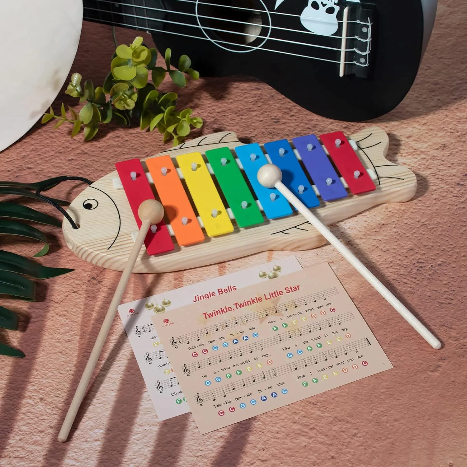 MUSICUBE Xylophone for Baby Toddler Fish Shape Wooden Xylophone with 2 Mallets Educational & Preschool Learning Percussion Instrument Professional Tuning Musical Toys for Kids Aged 3 