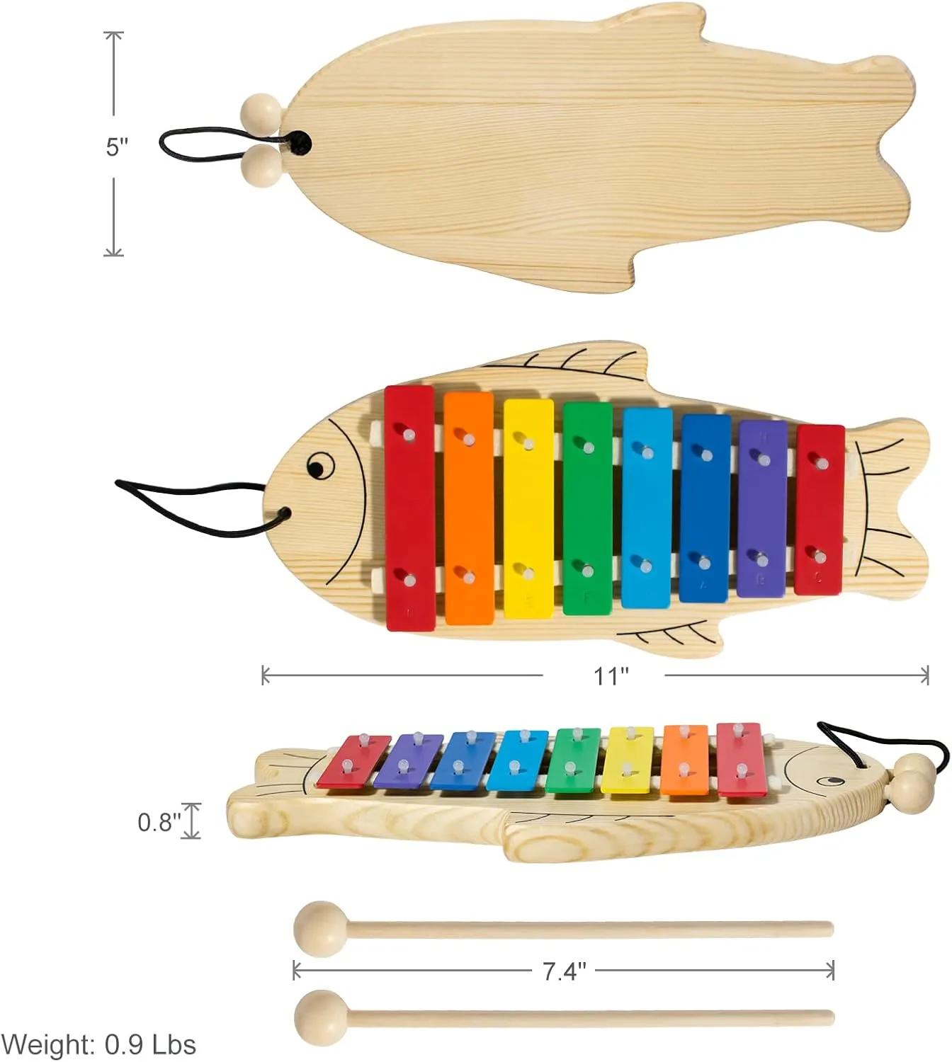 MUSICUBE Xylophone for Baby Toddler Fish Shape Wooden Xylophone with 2 Mallets Educational & Preschool Learning Percussion Instrument Professional Tuning Musical Toys for Kids Aged 3 