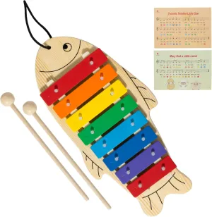 MUSICUBE Xylophone for Baby Toddler Fish Shape Wooden Xylophone with 2 Mallets Educational & Preschool Learning Percussion Instrument Professional Tuning Musical Toys for Kids Aged 3 
