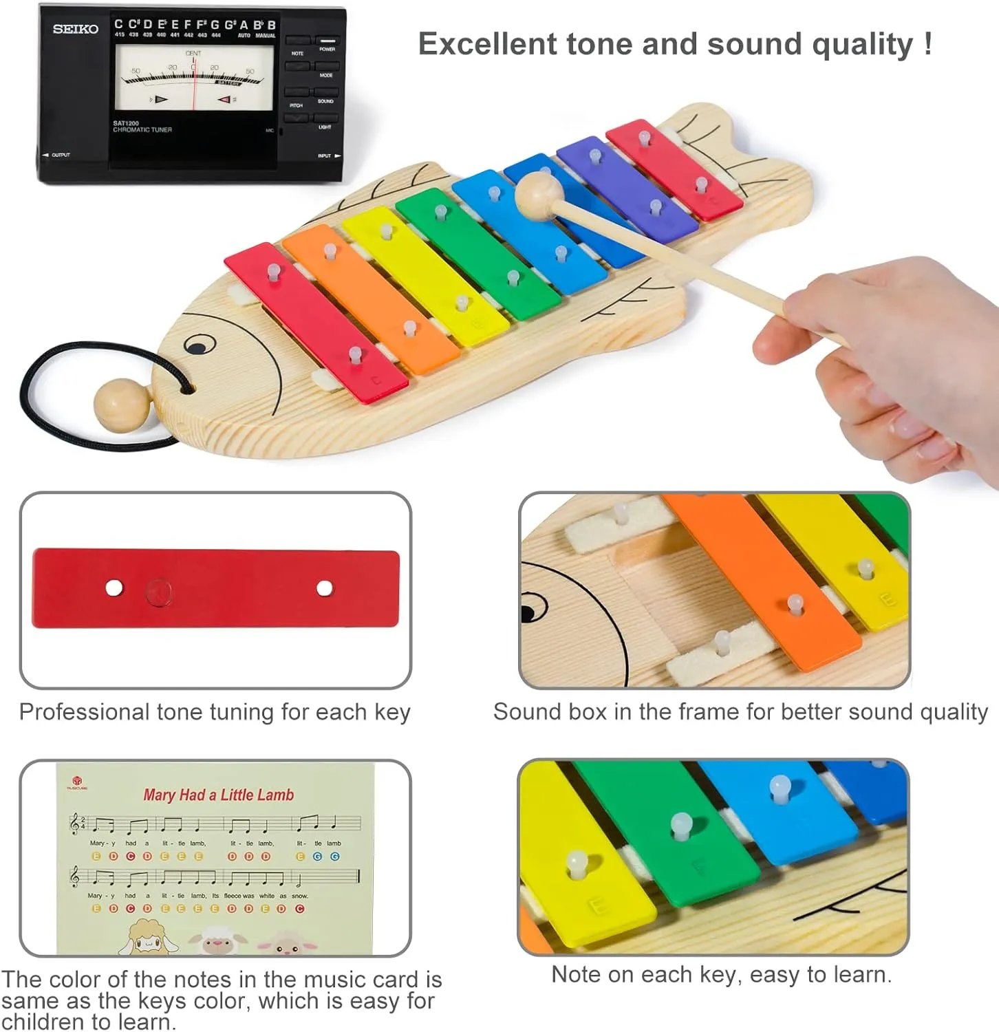 MUSICUBE Xylophone for Baby Toddler Fish Shape Wooden Xylophone with 2 Mallets Educational & Preschool Learning Percussion Instrument Professional Tuning Musical Toys for Kids Aged 3 