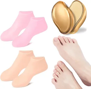 Nano Glass Foot File & Moisturizing Silicone Socks,Foot Care Set for Callus Remove,Feet Soft, 1 Foot File & 5 Pairs Socks(2pink 3nude)