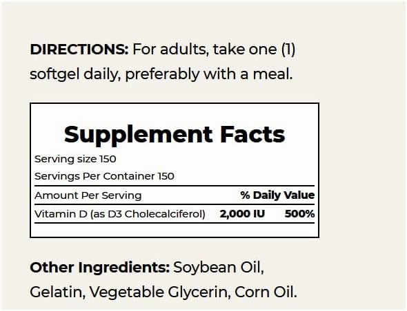 Nature's Bounty Vitamin D, Supports Immune Health & Bone Health, 2000IU Vitamin D3, 150 Softgels,150 Count (Pack of 2)