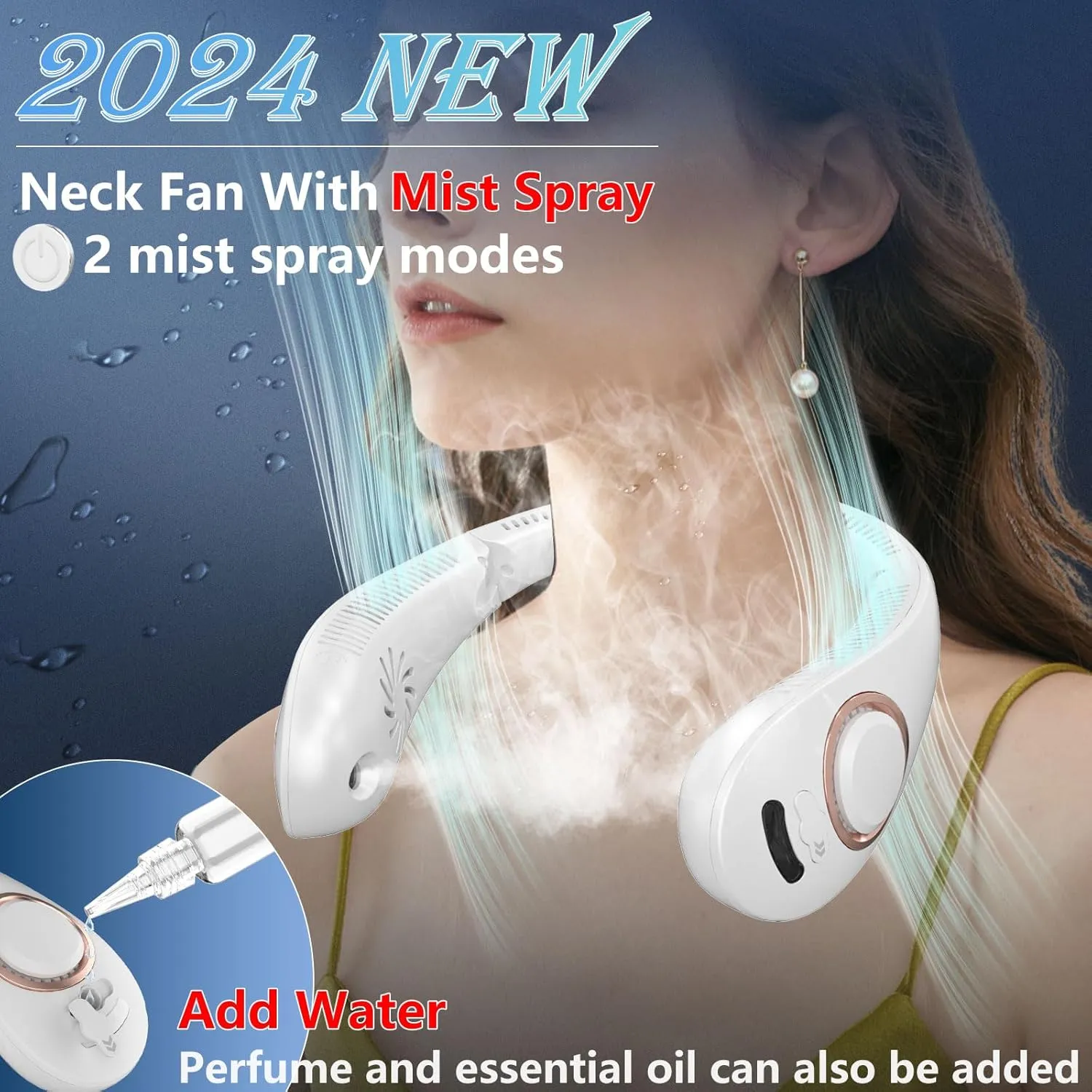 Neck Fan Rechargeable-Misting Neck Fans that Blow Cold Air,Folding Neck Cooling Fan with LED Display&4 Fan Speeds,Indoor Outdoor Hanging Bladeless Battery Powered Neck Cooler for Women Men Kids White