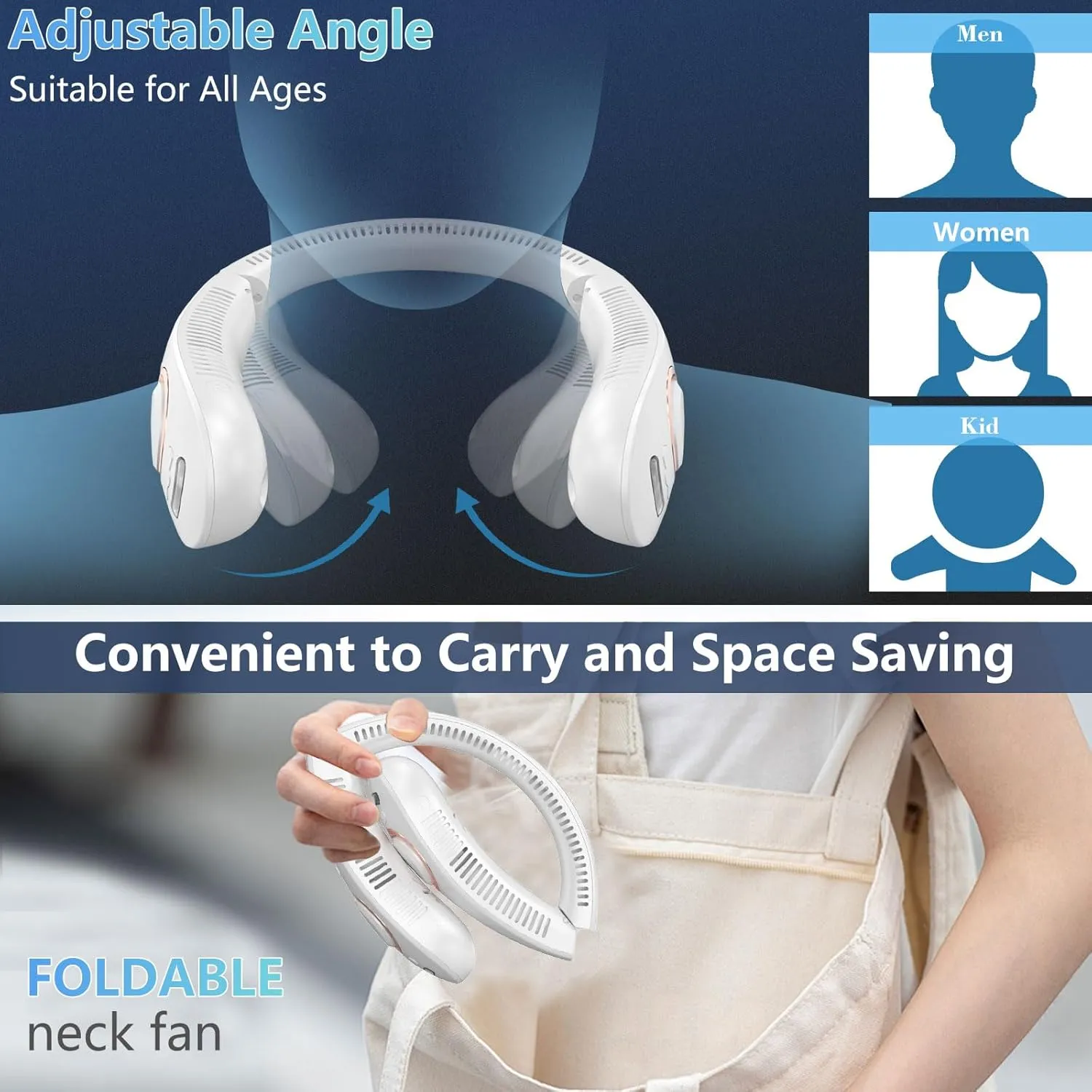Neck Fan Rechargeable-Misting Neck Fans that Blow Cold Air,Folding Neck Cooling Fan with LED Display&4 Fan Speeds,Indoor Outdoor Hanging Bladeless Battery Powered Neck Cooler for Women Men Kids White