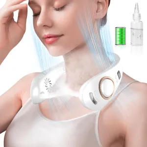 Neck Fan Rechargeable-Misting Neck Fans that Blow Cold Air,Folding Neck Cooling Fan with LED Display&4 Fan Speeds,Indoor Outdoor Hanging Bladeless Battery Powered Neck Cooler for Women Men Kids White