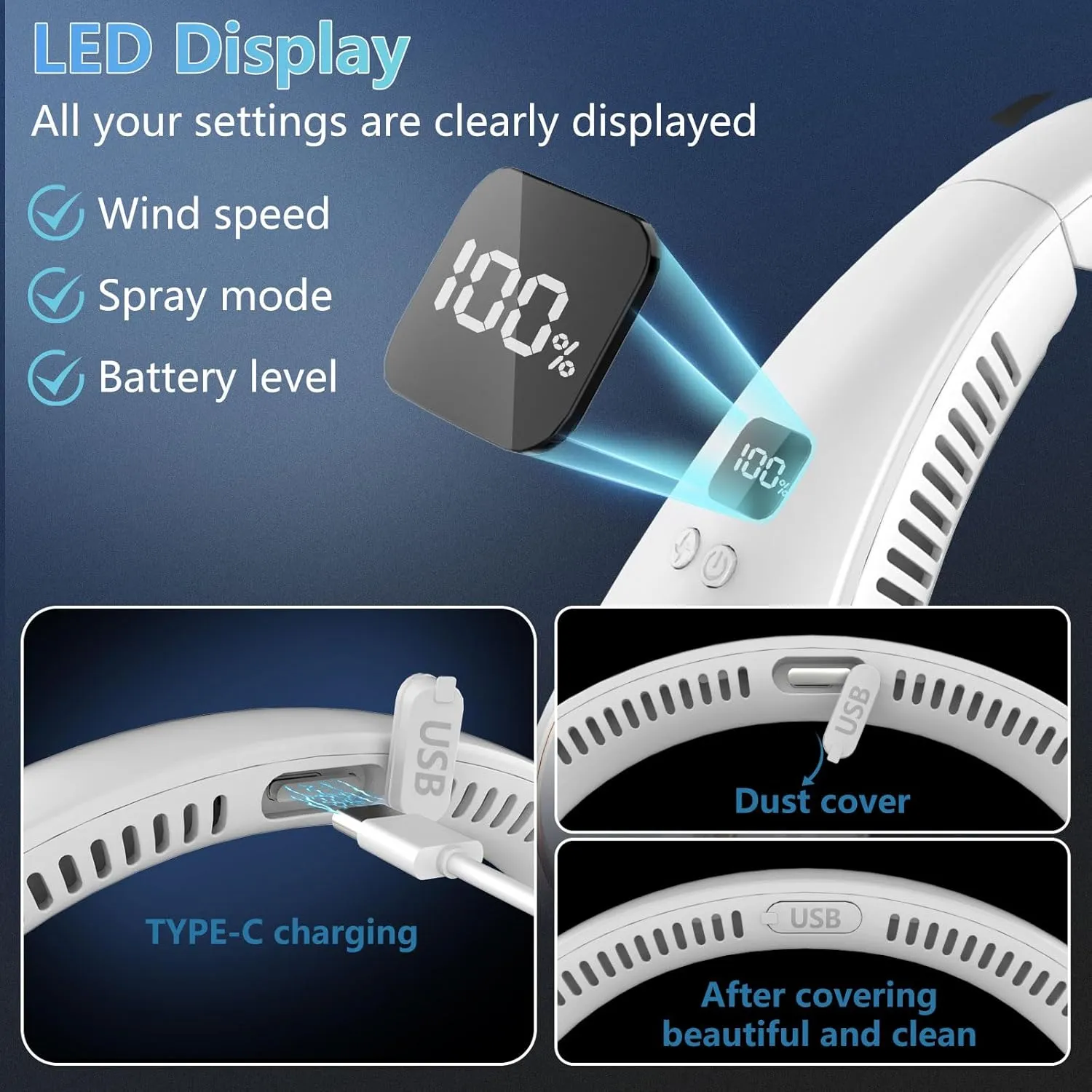 Neck Fan Rechargeable-Misting Neck Fans that Blow Cold Air,Folding Neck Cooling Fan with LED Display&4 Fan Speeds,Indoor Outdoor Hanging Bladeless Battery Powered Neck Cooler for Women Men Kids White