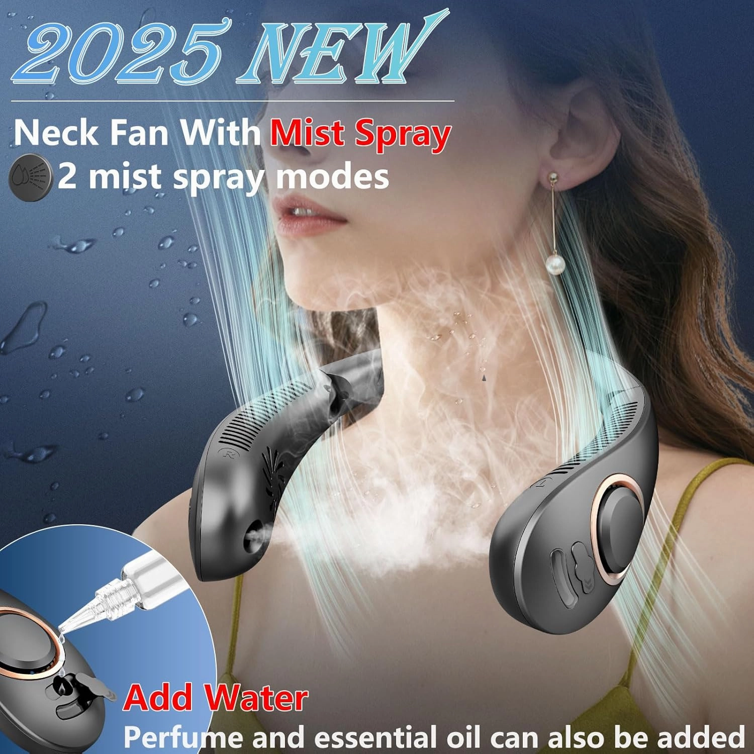 Neck Fan with Mist Spray-Neck Fans that Blow Cold Air,Folding 4000Mah Portable Personal USB Rechargeable Battery Operated Fan with Mister,Cooling Bladeless Travel Misting Fan for Neck Around Black