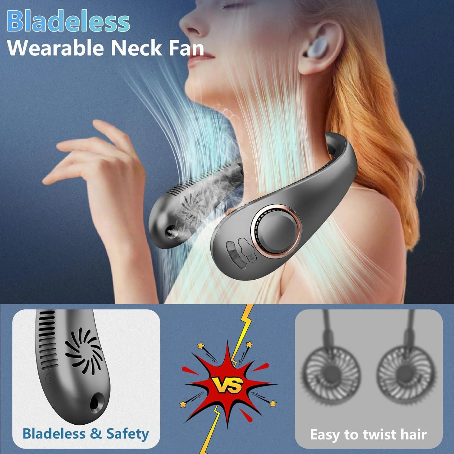 Neck Fan with Mist Spray-Neck Fans that Blow Cold Air,Folding 4000Mah Portable Personal USB Rechargeable Battery Operated Fan with Mister,Cooling Bladeless Travel Misting Fan for Neck Around Black