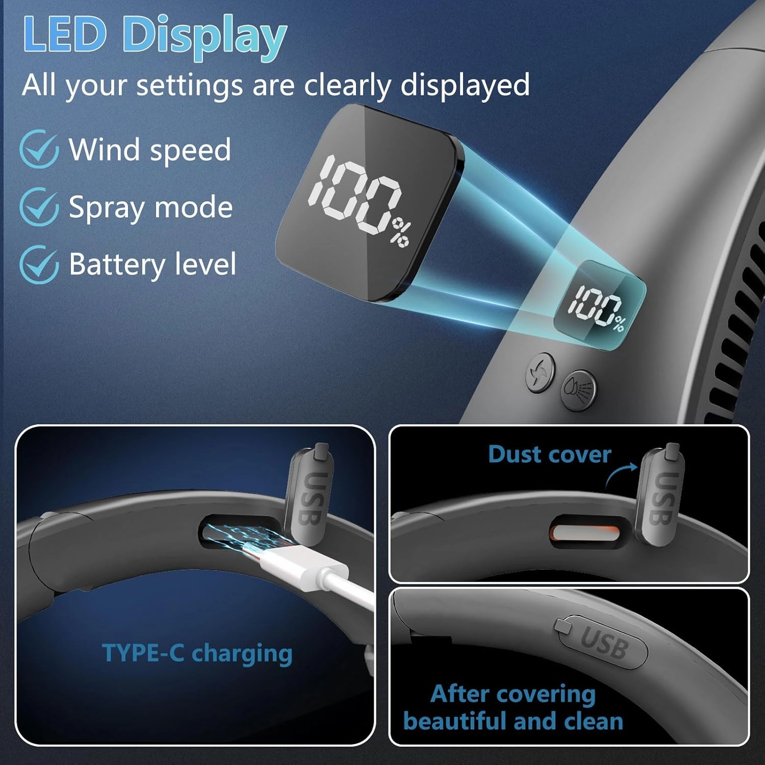Neck Fan with Mist Spray-Neck Fans that Blow Cold Air,Folding 4000Mah Portable Personal USB Rechargeable Battery Operated Fan with Mister,Cooling Bladeless Travel Misting Fan for Neck Around Black