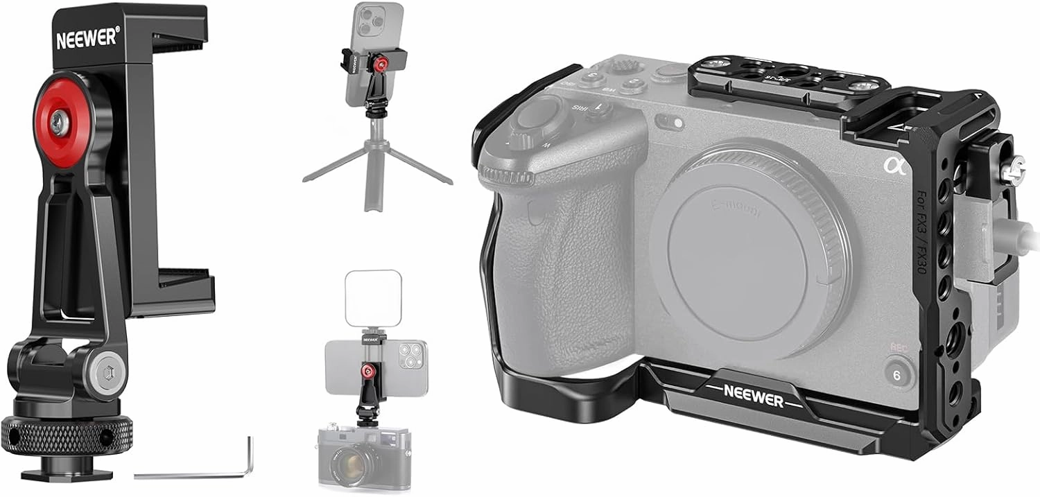 Neewer Metal Phone Tripod Mount with Cold Shoe Mounts, Adjustable Joints Universal Phone Holder Compatible with iPhone 15 Pro Max Samsung, FX3/FX30 Cage Camera Cage with HDMI Cable Clamp Included