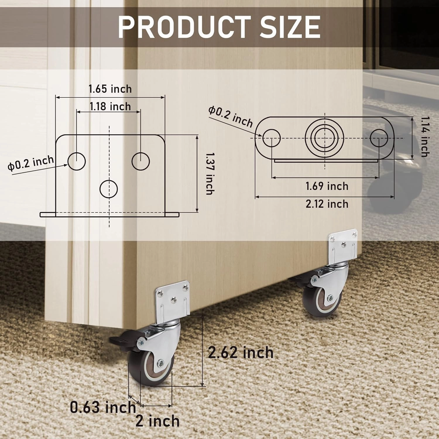 Nefish Side Mount Casters 2 Inch L-Shaped Small Rubber Caster Set of 4, Ball Bearing 360 Degree Plate Swivel Castors Wheel 600 LBS, Casters Wheels for Furniture, Baby Bed, Kitchen, Cabinet, Table