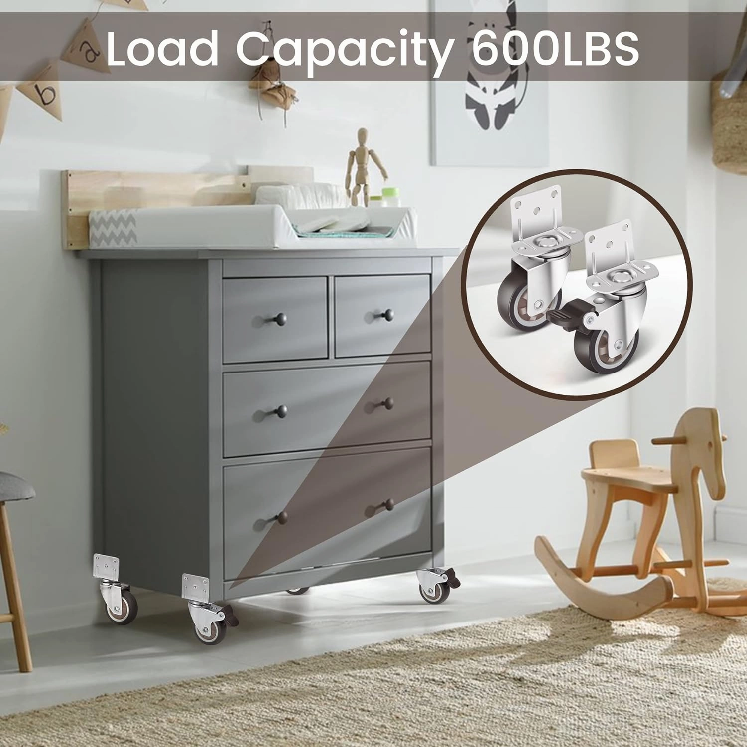 Nefish Side Mount Casters 2 Inch L-Shaped Small Rubber Caster Set of 4, Ball Bearing 360 Degree Plate Swivel Castors Wheel 600 LBS, Casters Wheels for Furniture, Baby Bed, Kitchen, Cabinet, Table