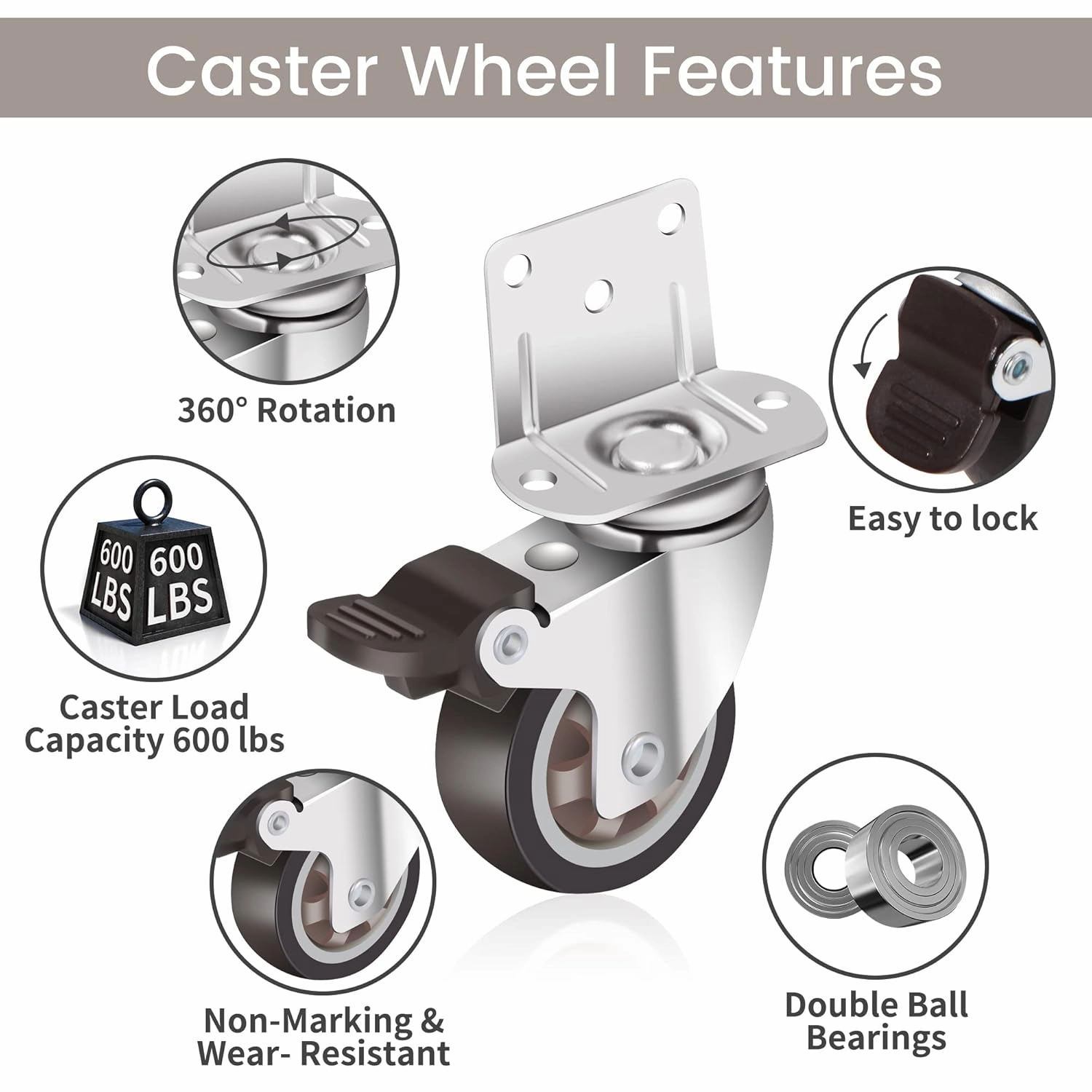 Nefish Side Mount Casters 2 Inch L-Shaped Small Rubber Caster Set of 4, Ball Bearing 360 Degree Plate Swivel Castors Wheel 600 LBS, Casters Wheels for Furniture, Baby Bed, Kitchen, Cabinet, Table