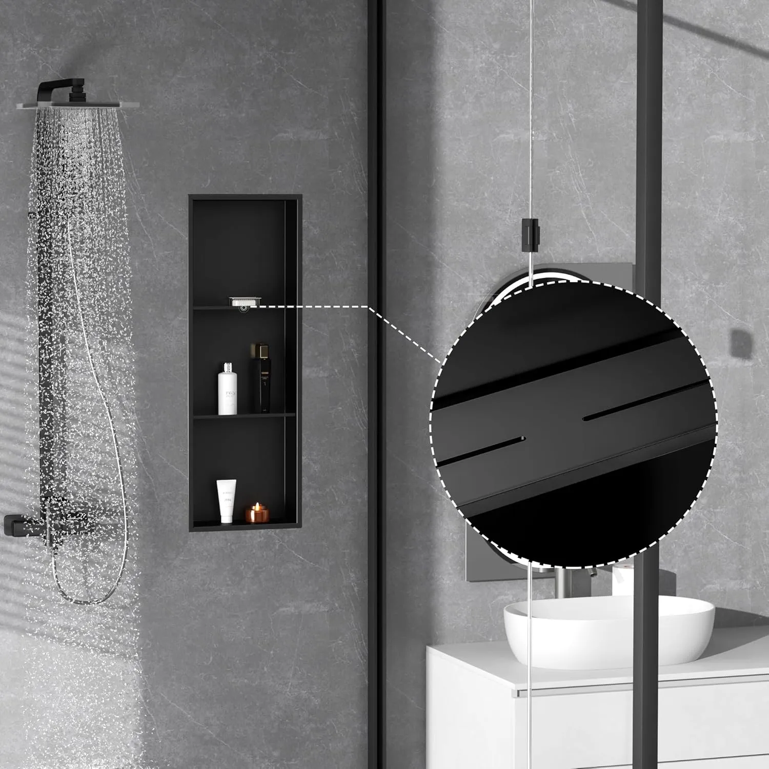 Neodrain 3-Tier 12X36 Inch Recessed Shower Niche Tile Ready, Matte Black Stainless NO Tile Needed Wall Niche for Shower & Bathroom Storage, Waterproof Bath Organizer