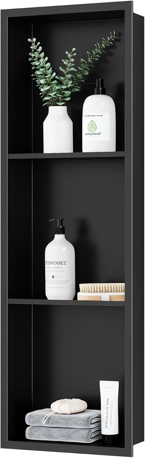 Neodrain 3-Tier 12X36 Inch Recessed Shower Niche Tile Ready, Matte Black Stainless NO Tile Needed Wall Niche for Shower & Bathroom Storage, Waterproof Bath Organizer