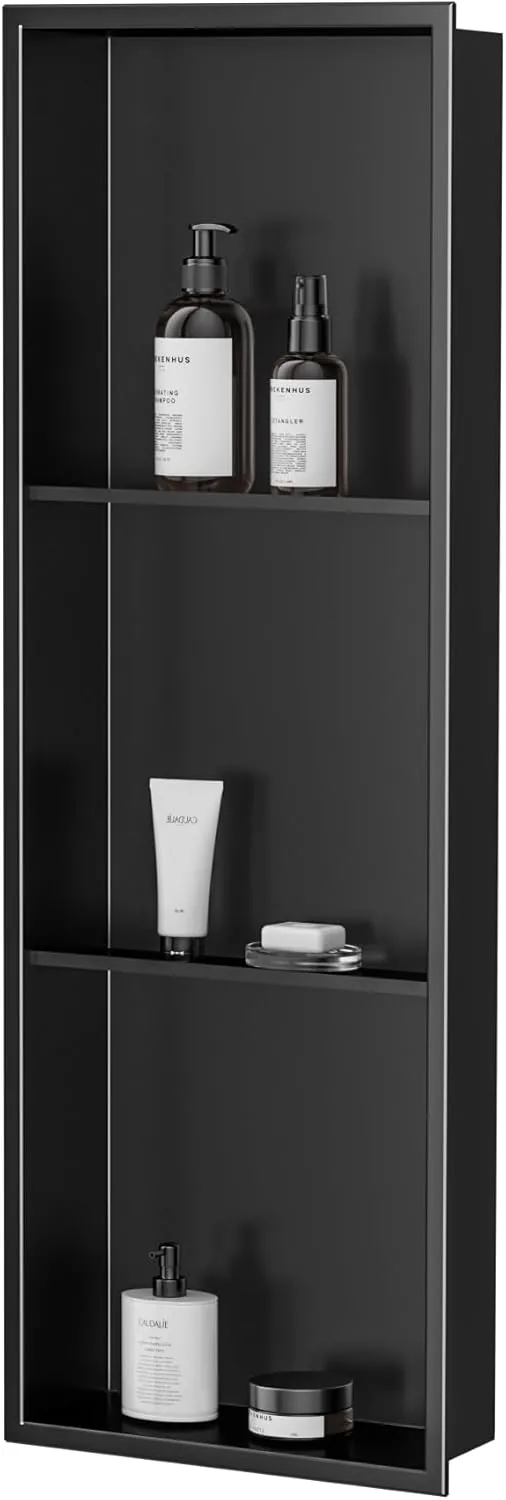 Neodrain 3-Tier 12X36 Inch Recessed Shower Niche Tile Ready, Matte Black Stainless NO Tile Needed Wall Niche for Shower & Bathroom Storage, Waterproof Bath Organizer