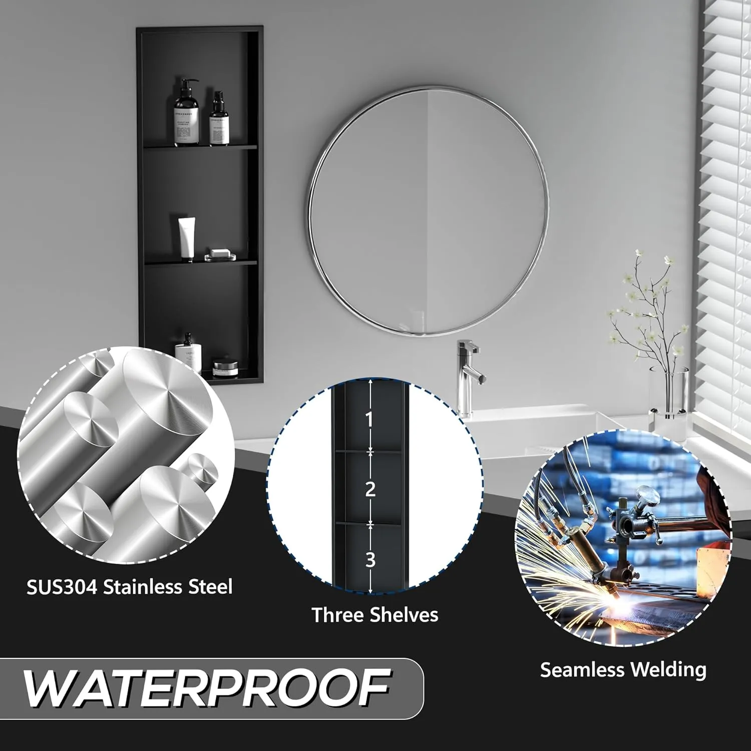 Neodrain 3-Tier 12X36 Inch Recessed Shower Niche Tile Ready, Matte Black Stainless NO Tile Needed Wall Niche for Shower & Bathroom Storage, Waterproof Bath Organizer