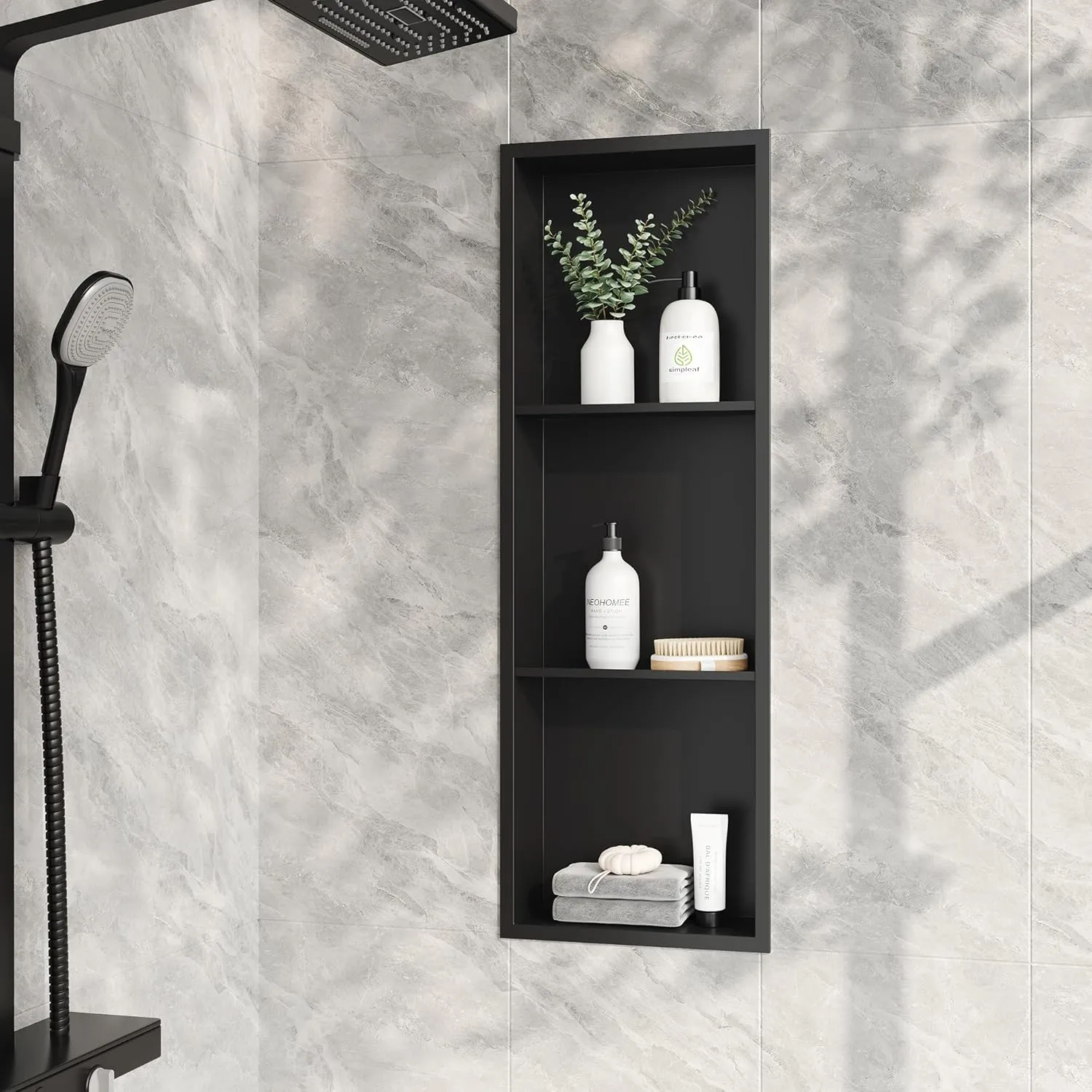 Neodrain 3-Tier 12X36 Inch Recessed Shower Niche Tile Ready, Matte Black Stainless NO Tile Needed Wall Niche for Shower & Bathroom Storage, Waterproof Bath Organizer