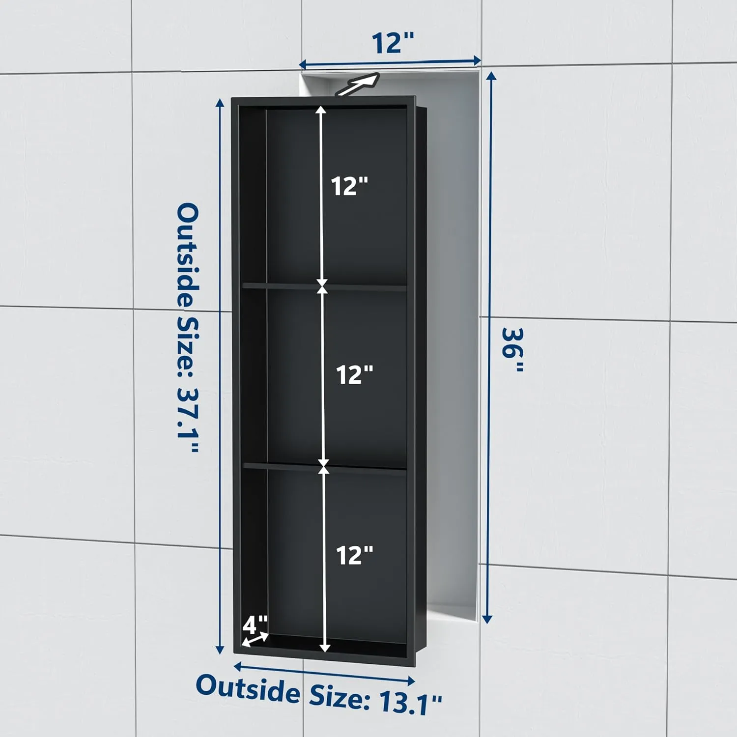 Neodrain 3-Tier 12X36 Inch Recessed Shower Niche Tile Ready, Matte Black Stainless NO Tile Needed Wall Niche for Shower & Bathroom Storage, Waterproof Bath Organizer