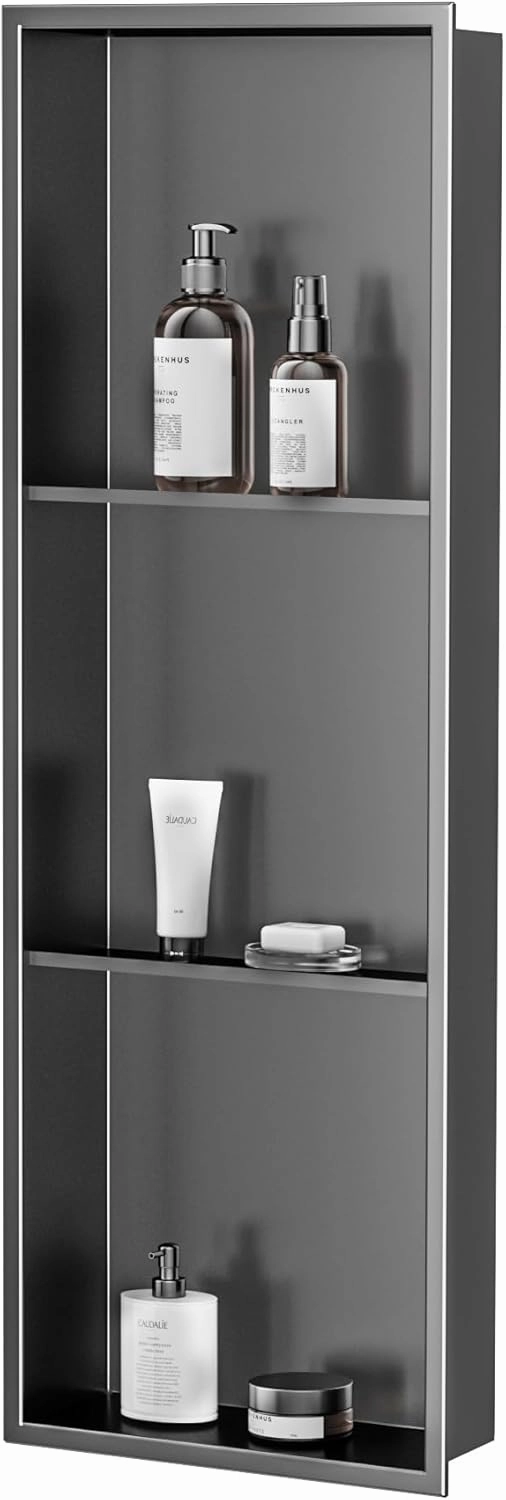 Neodrain 12X36 Inch Shower Niche, Gun Metal 3-Tier Stainless Wall Niche NO Tile Needed Recessed for Bathroom Storage Insert Shower Wall Cabinet Waterproof