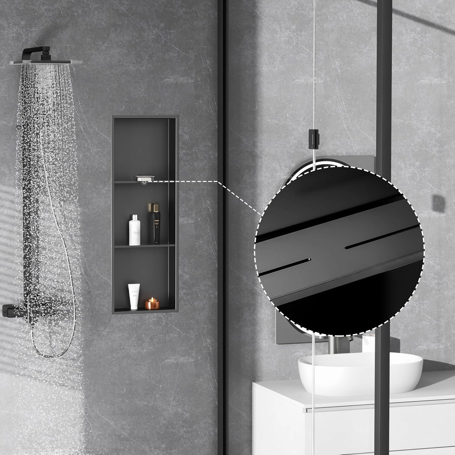 Neodrain 12X36 Inch Shower Niche, Gun Metal 3-Tier Stainless Wall Niche NO Tile Needed Recessed for Bathroom Storage Insert Shower Wall Cabinet Waterproof