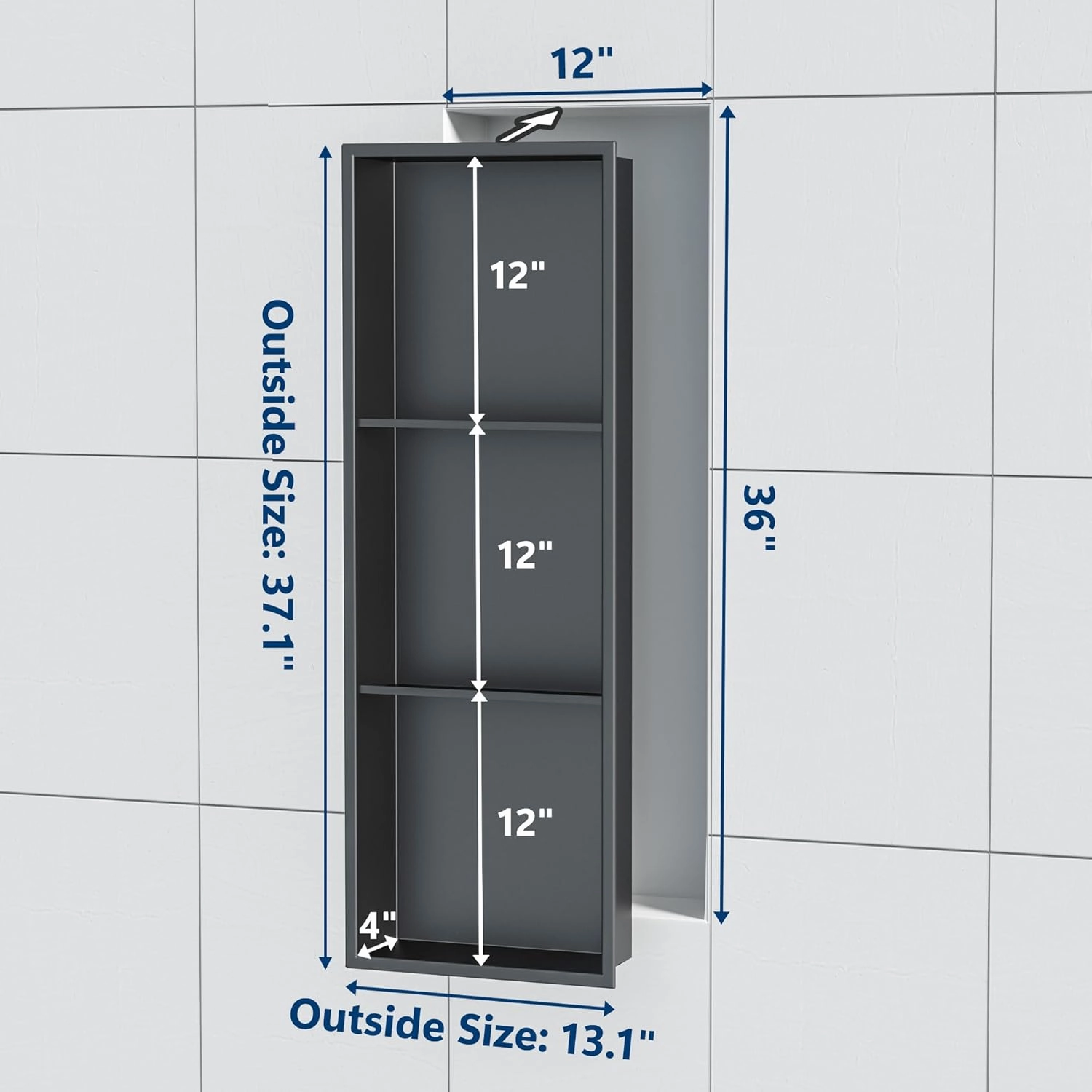 Neodrain 12X36 Inch Shower Niche, Gun Metal 3-Tier Stainless Wall Niche NO Tile Needed Recessed for Bathroom Storage Insert Shower Wall Cabinet Waterproof