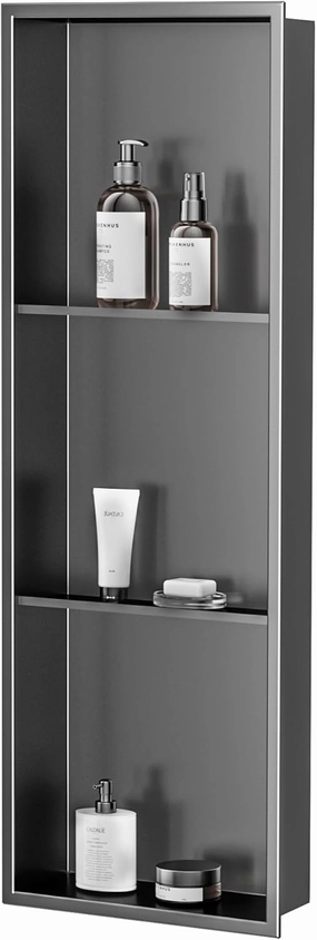 Neodrain 12X36 Inch Shower Niche, Gun Metal 3-Tier Stainless Wall Niche NO Tile Needed Recessed for Bathroom Storage Insert Shower Wall Cabinet Waterproof