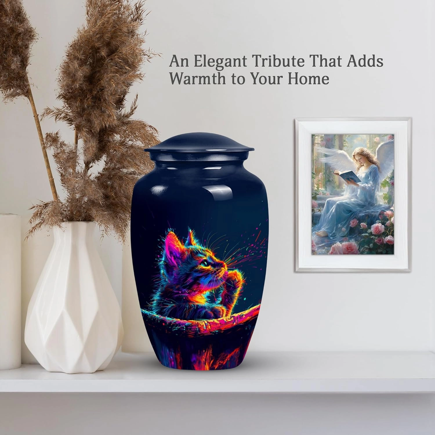 Neon Cat Reflection Cremation Urns - 10” Blue Funeral Urn with 2 Mini Keepsakes for Ashes - Memorial Set (Velvet Bag)