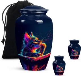 Neon Cat Reflection Cremation Urns - 10” Blue Funeral Urn with 2 Mini Keepsakes for Ashes - Memorial Set (Velvet Bag)
